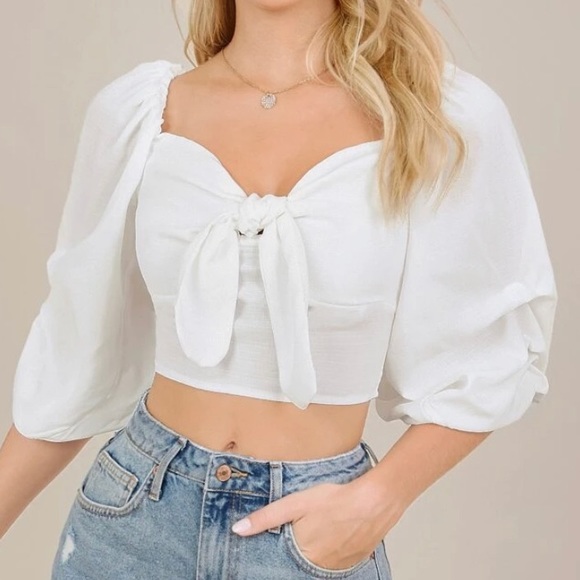 Gathered Sleeve Front Tie Cropped Blouse - Picture 2 of 2